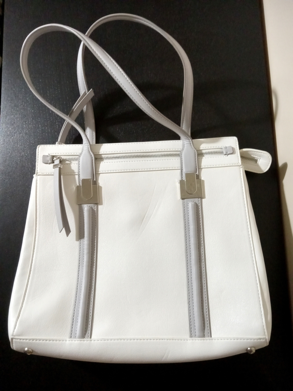 Nine West White Structured Satchel Shoulder Tote Bag Silver Hardware